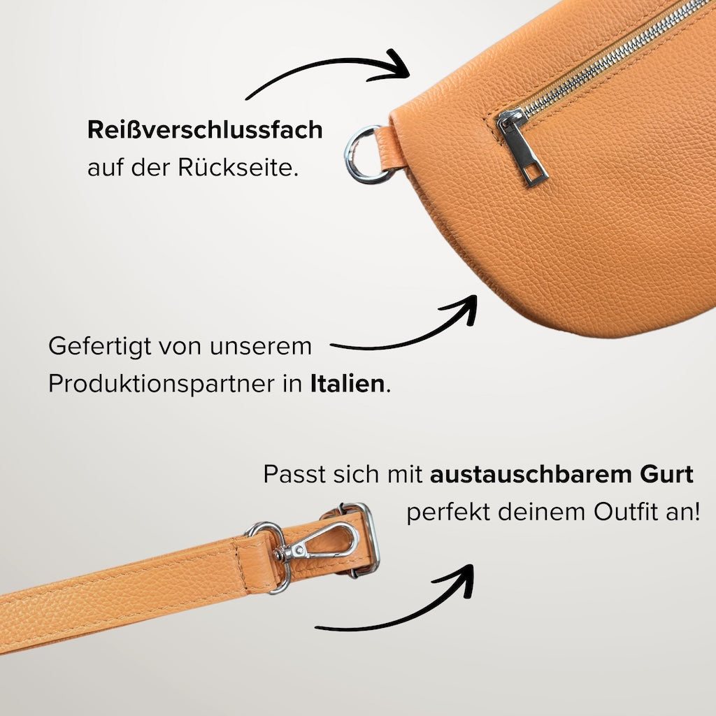 Pfirsichfarbene MAONI-Bauchtasche mit Hinweisgrafik: hergestellt in Italien, Gurt individuell wechselbar, Reißverschlussfach auf der Rückseite