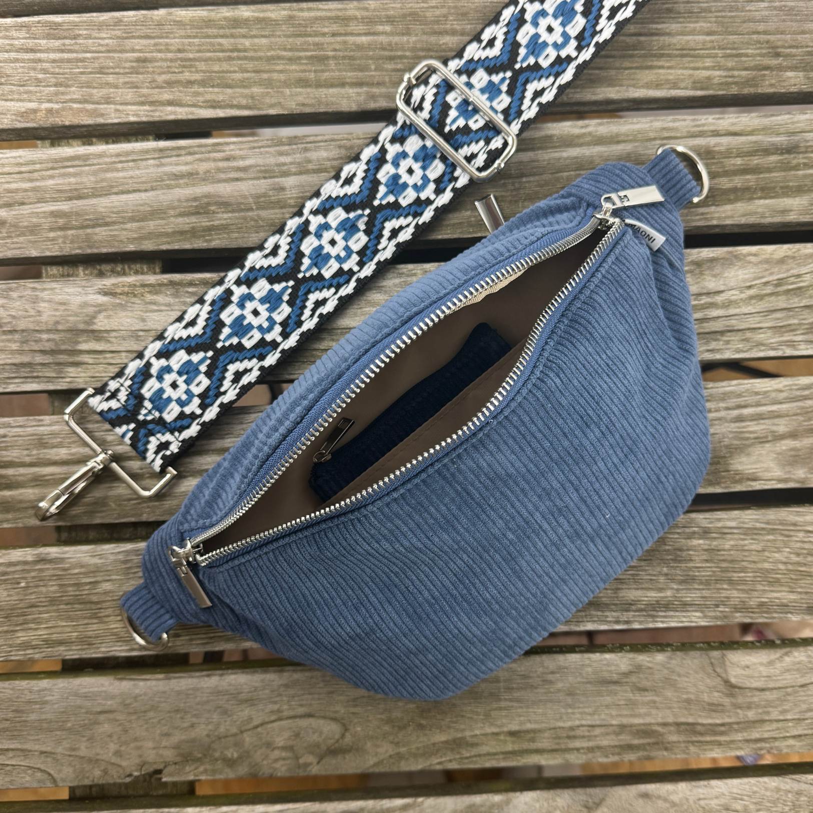 offene Kord Bauchtasche mit Wechselriemen in blau