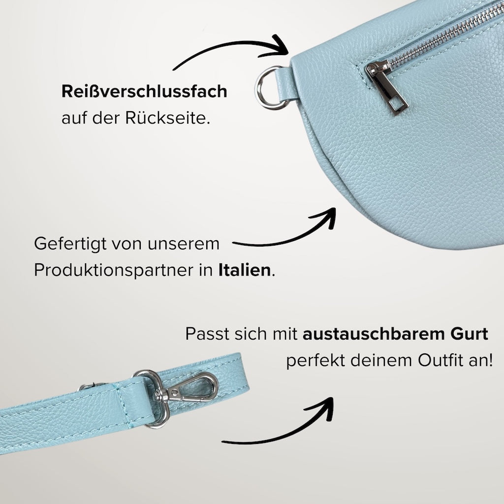 Hellblaue Bauchtasche aus der MAONI-Kollektion – Infoübersicht zu Produktion in Italien, austauschbarem Gurt und rückseitigem Reißverschlussfach