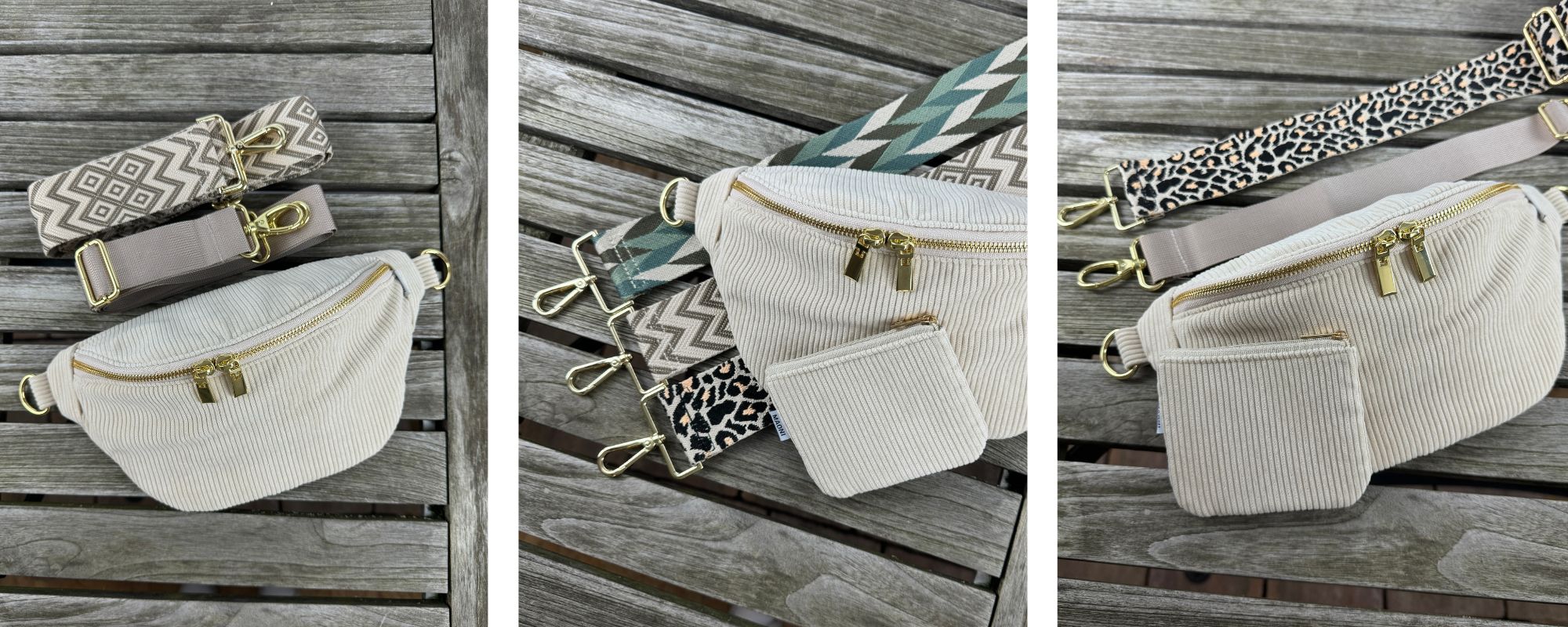 Collage von drei verschiedenen Cord Bildern. Die Cord Taschen liegen jeweils auf einem Holztisch und sind mit Cord Etui und / oder verschiedenen Taschengurten präsentiert.