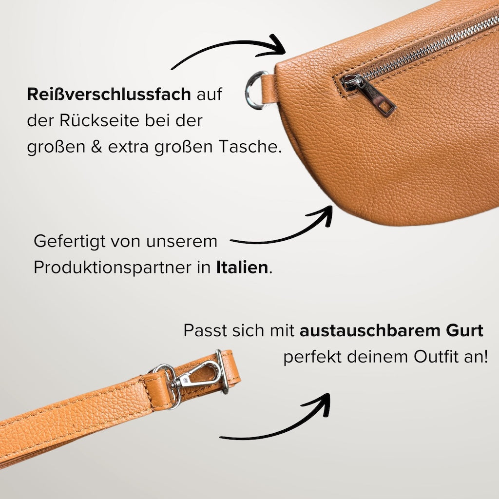 Cognacfarbene MAONI-Bauchtasche mit sichtbarem Rückseiten-Reißverschluss und angeschnittenem Ledergurt – Bild zeigt Details zur Produktion in Italien und Gurtwechsel-Möglichkeit