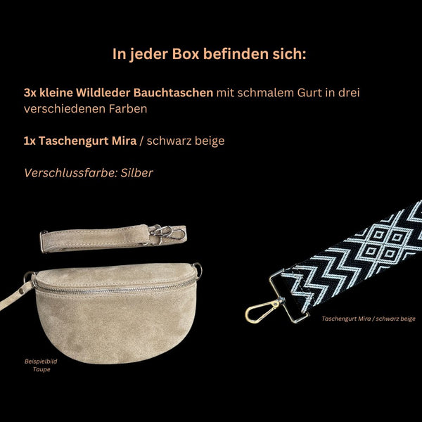 3er 2.Wahl Box: 3x kleine Bauchtasche Wildleder,  1x Taschengurt