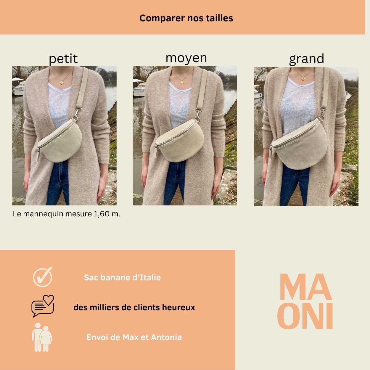 sac banane en daim tailles porté